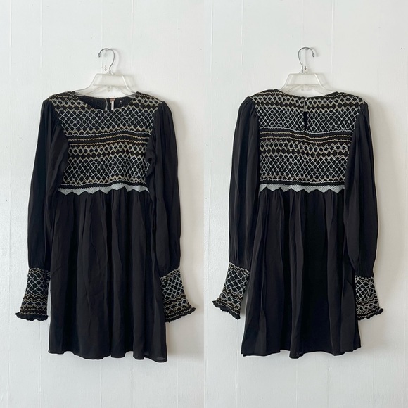 Free People Late Night Picnic Smocked Embroidered Dress CottageCore Black XS - Picture 7 of 12
